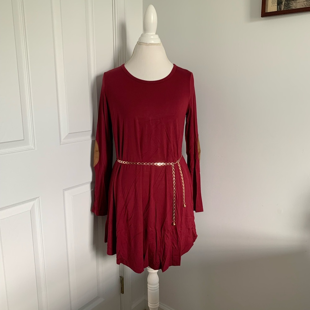 Cranberry Mini Dress with Faux Suede Elbow Patches - Picture 4 of 11